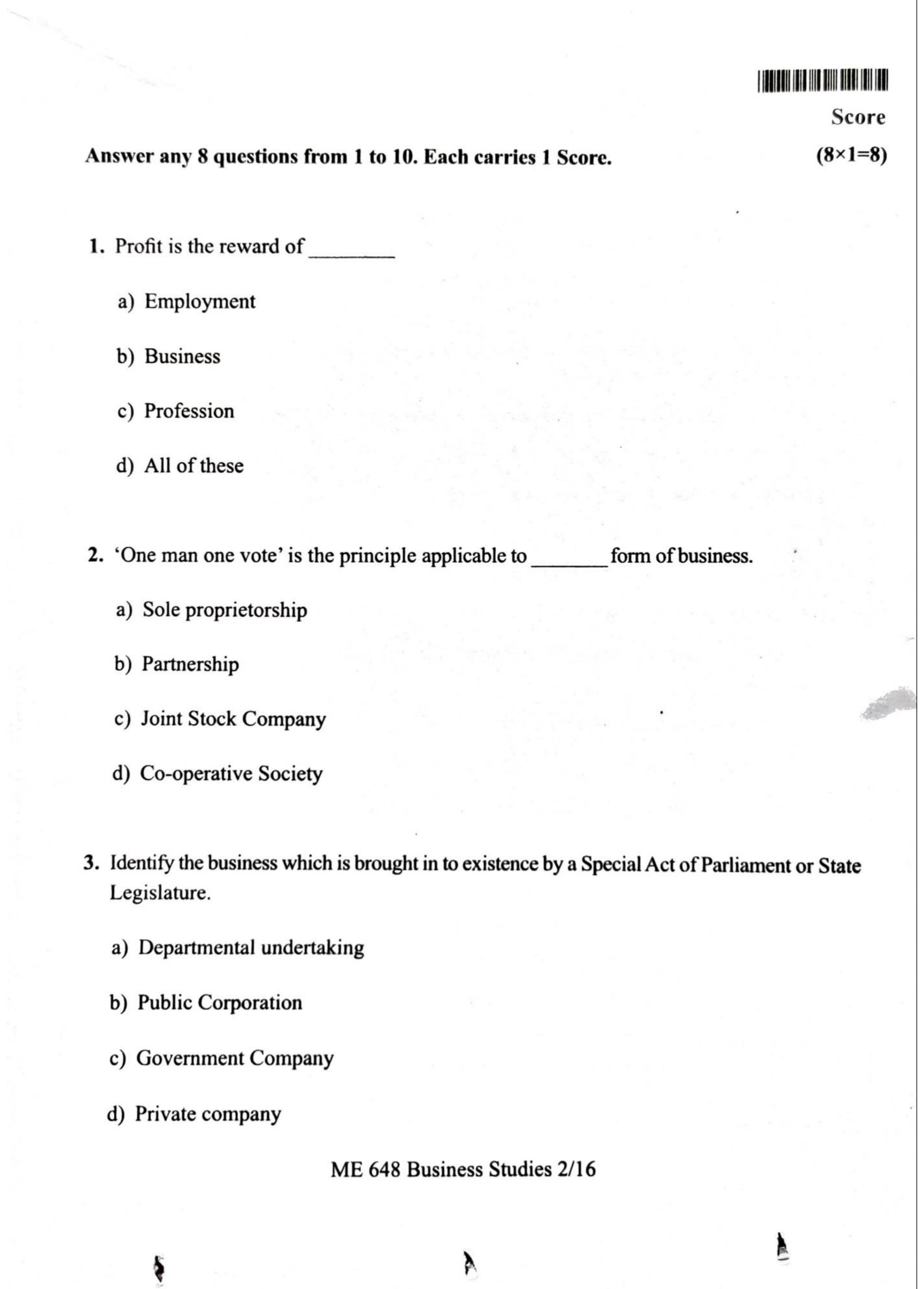 Kerala Plus One 2022 Business Studies Question Papers (Model) - Page 2