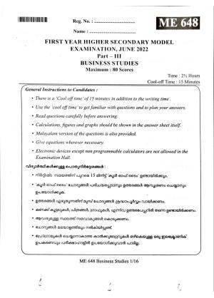 Kerala Plus One 2022 Business Studies Question Papers (Model)