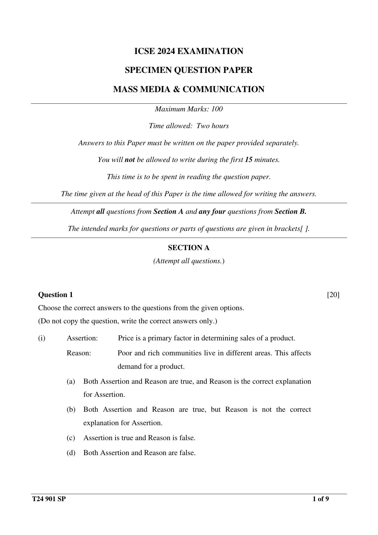 ICSE Class 10  2024 MASS MEDIA & COMMUNICATION Sample Paper - Page 1