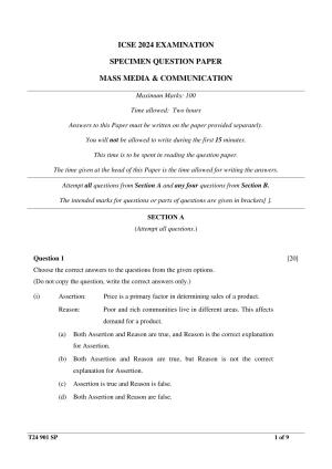 ICSE Class 10  2024 MASS MEDIA & COMMUNICATION Sample Paper
