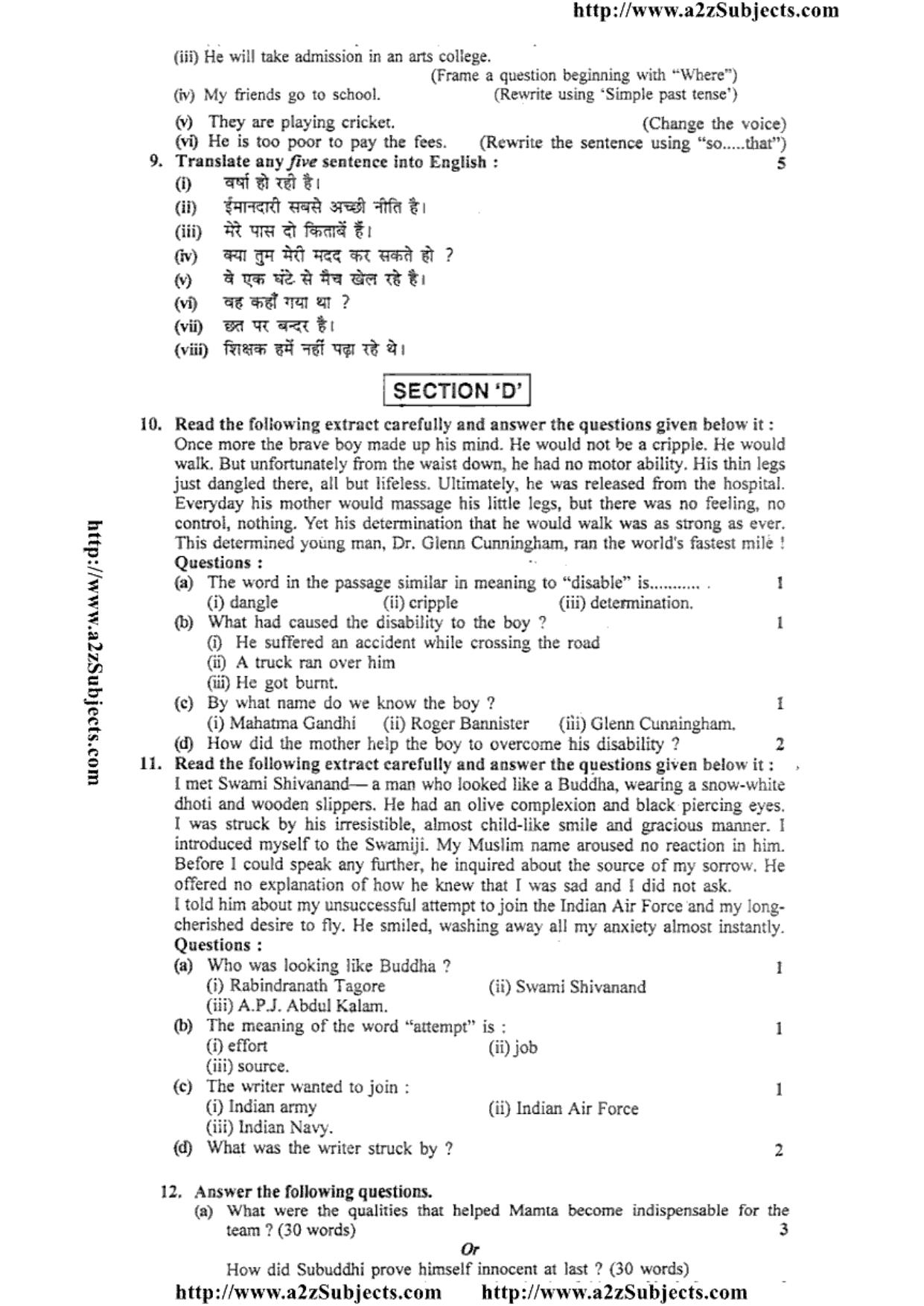 MP Board Class 10 English (Hindi Medium) 2016 Question Paper - Page 3