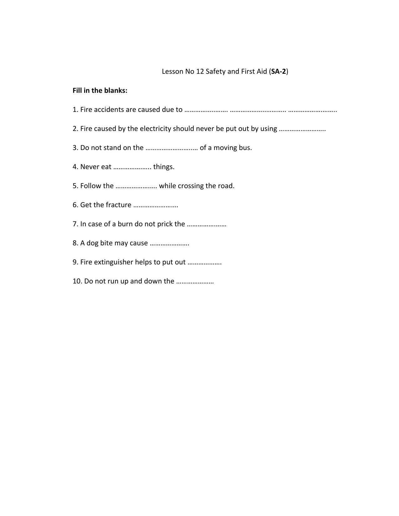 Worksheet for Class 5 Science Safety and First Aid Assignment 2 - Page 1