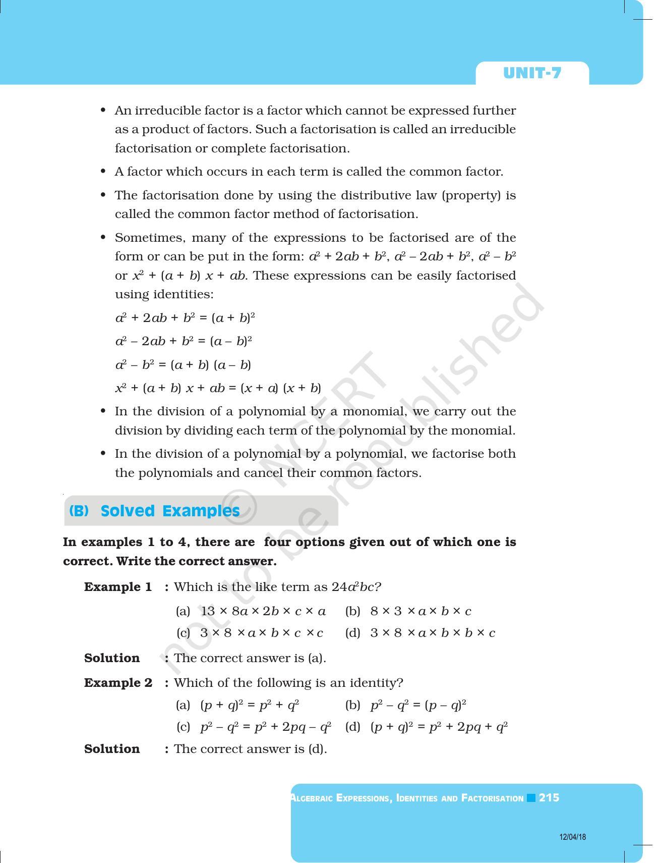 NCERT Exemplar Book For Class 8 Maths Chapter 7- Algebraic Expressions ...