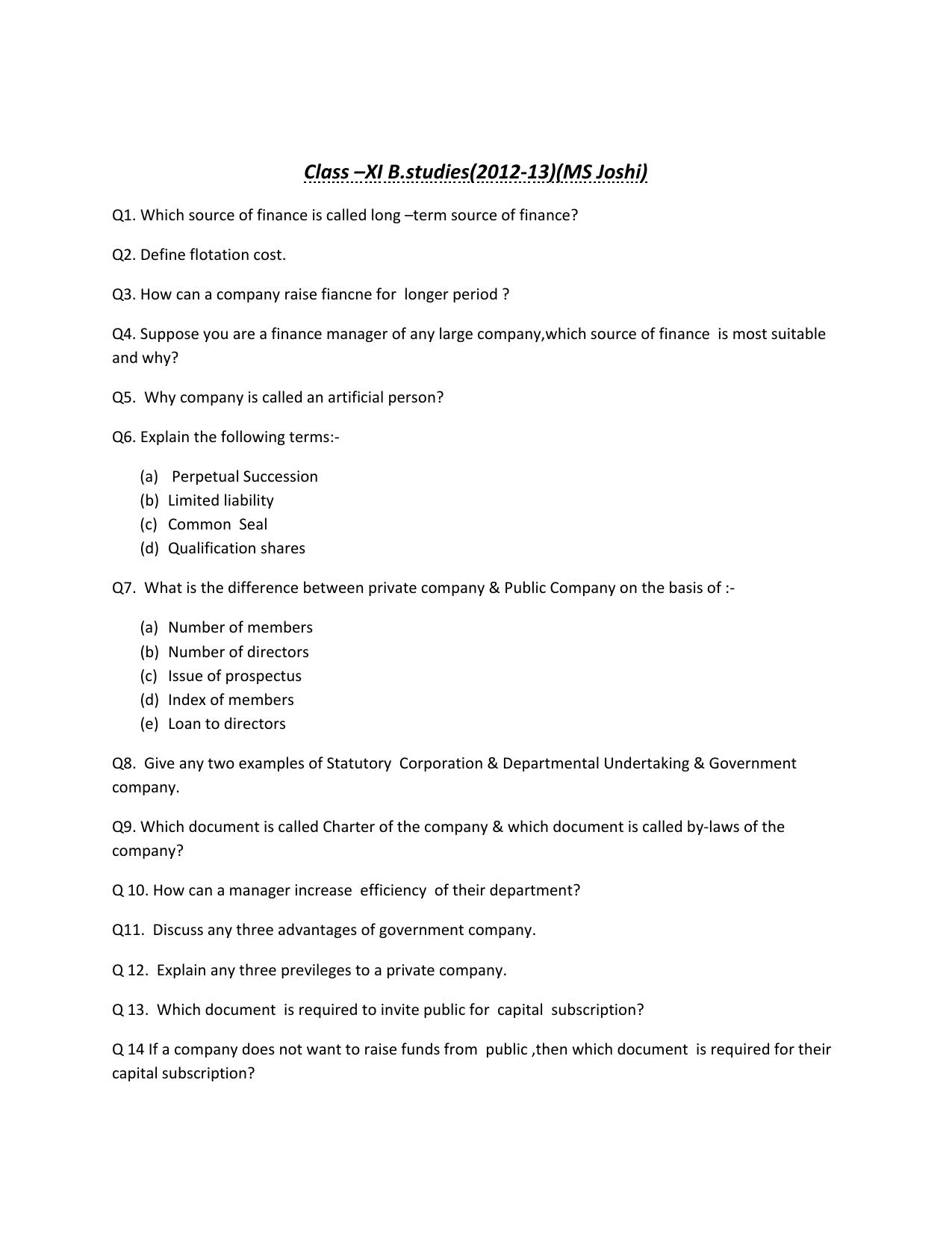 CBSE Worksheets for Class 11 Business Studies term source of finance Assignment - Page 1