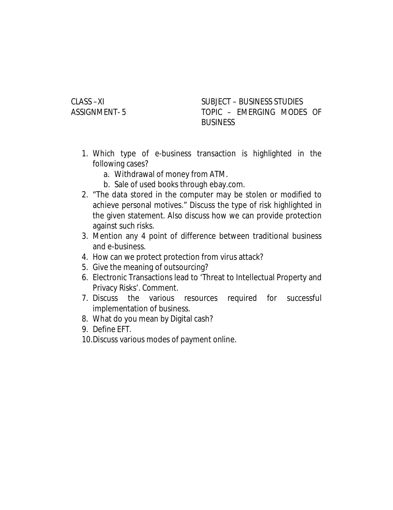 CBSE Worksheets for Class 11 Business Studies Assignment 13 - Page 1