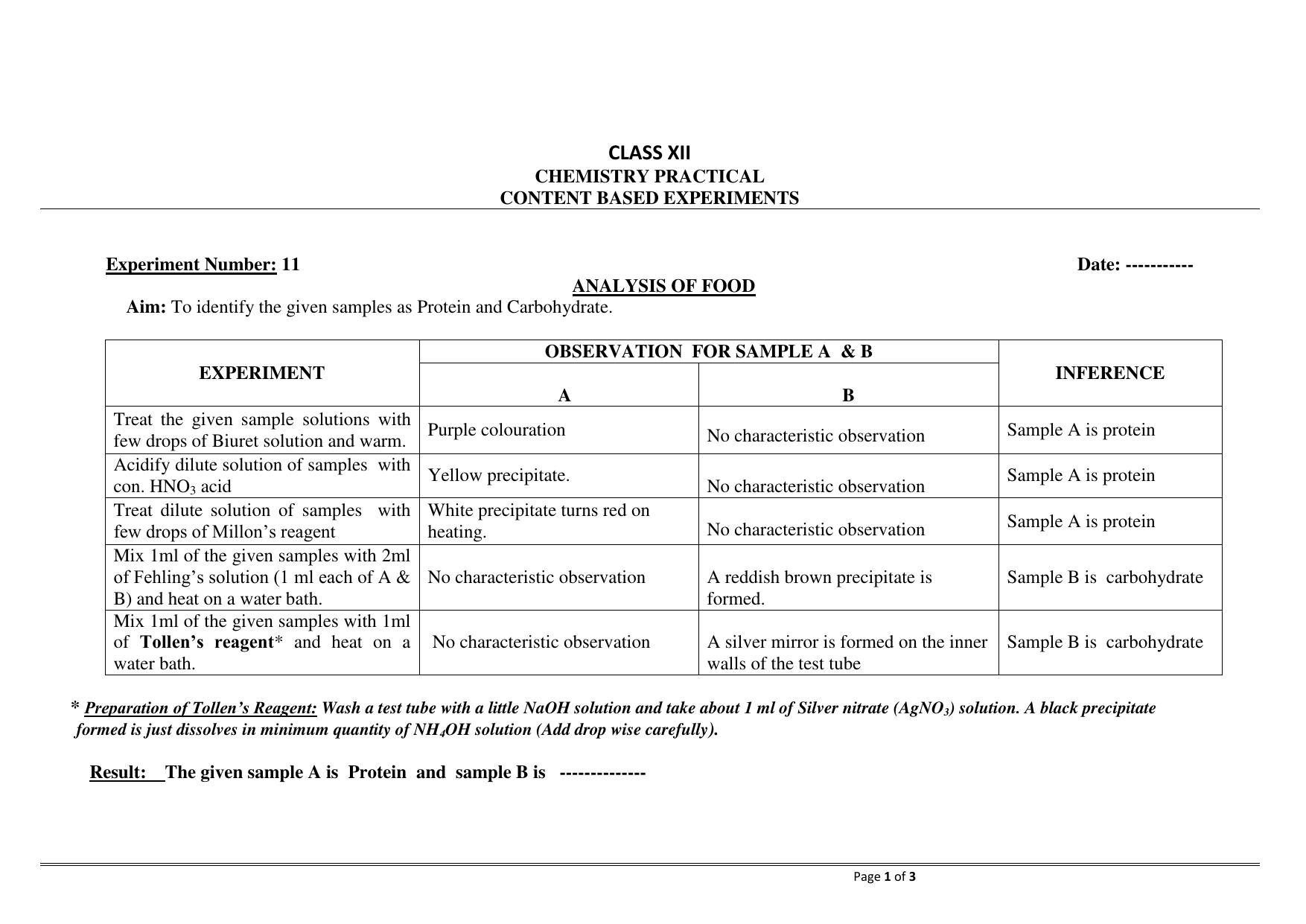 CBSE Class 12 Chemistry Analysis of Food Worksheets - Page 1