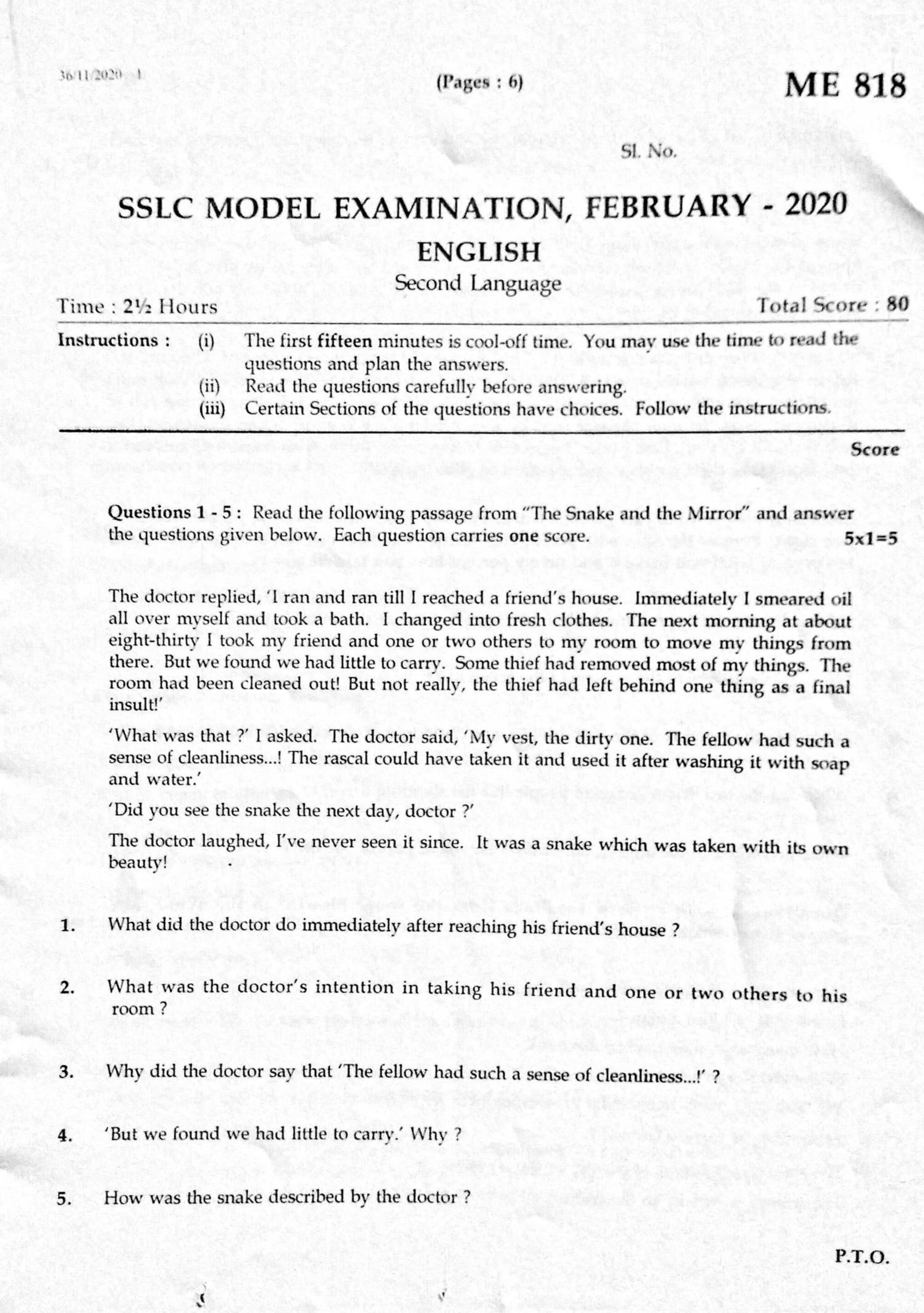 Kerala SSLC 2020 English  Question Pape (Model) - Page 1