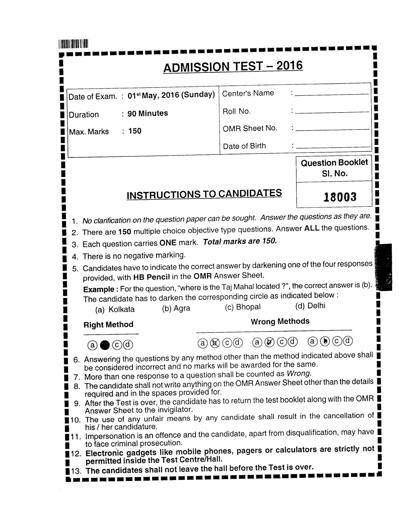 AILET 2016 Question Paper for BA LLB - Page 1