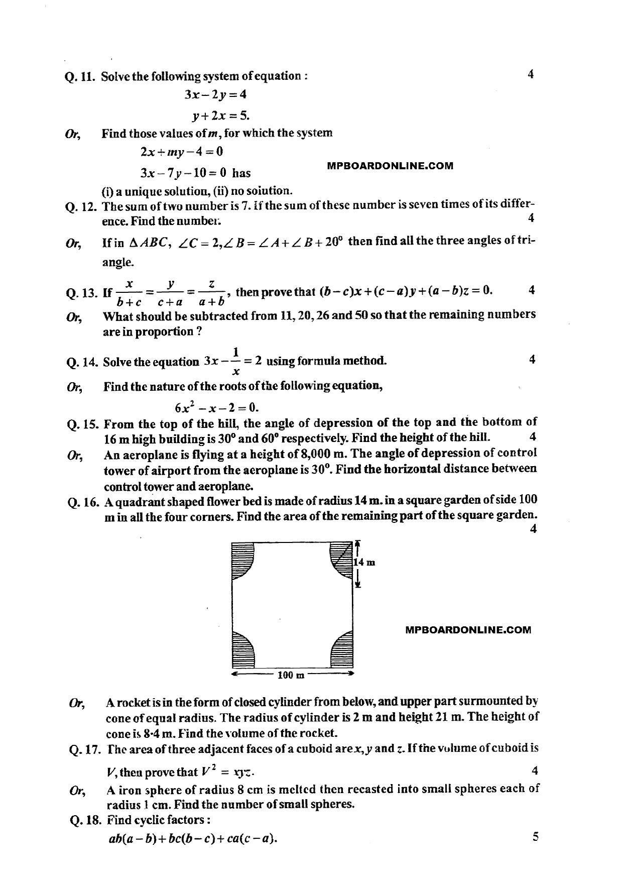 MP Board Class 10 Mathematica 2016 Question Paper - Page 3