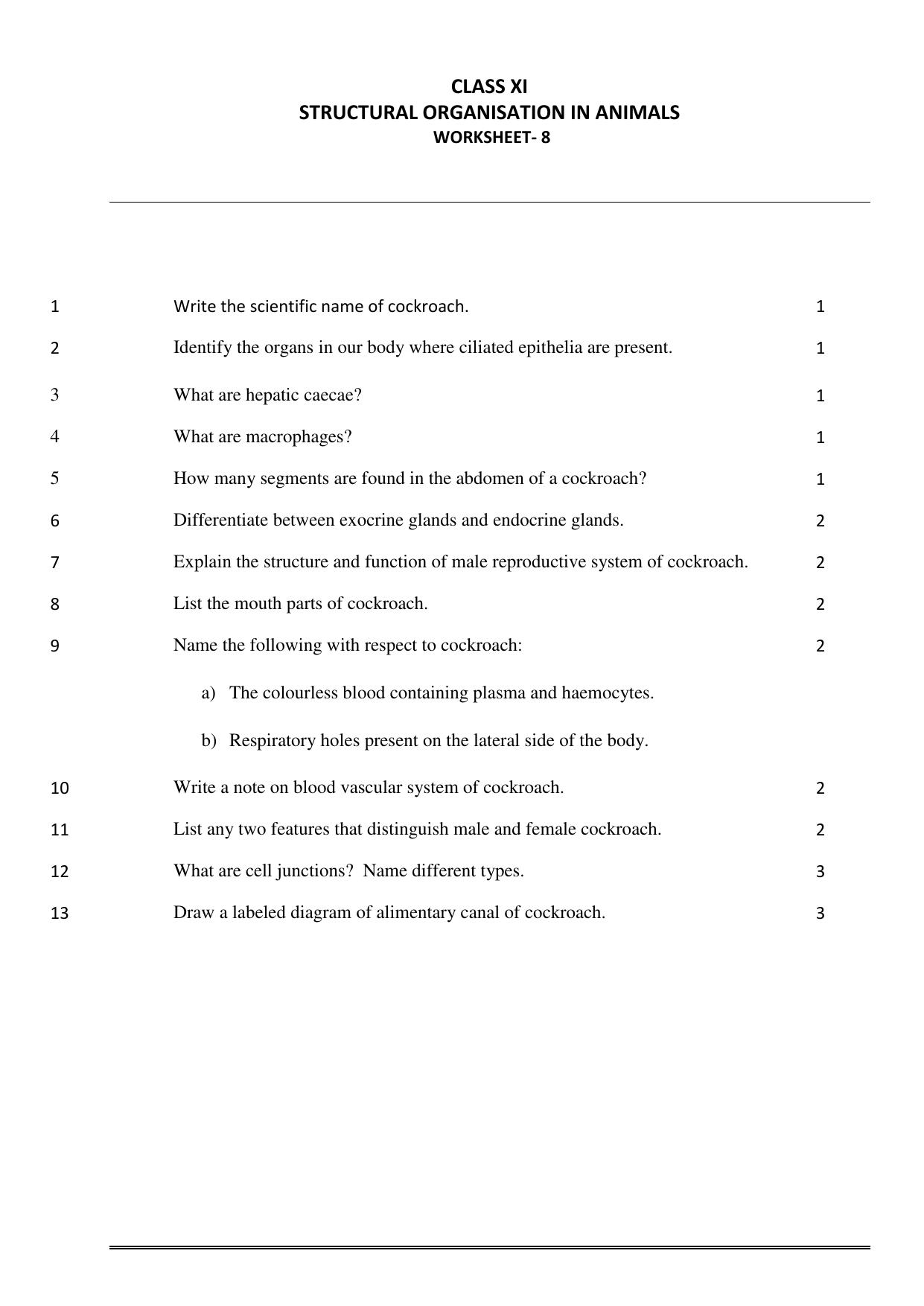 CBSE Worksheets for Class 11 Biology Structural Organisation in Animals Assignment - Page 1