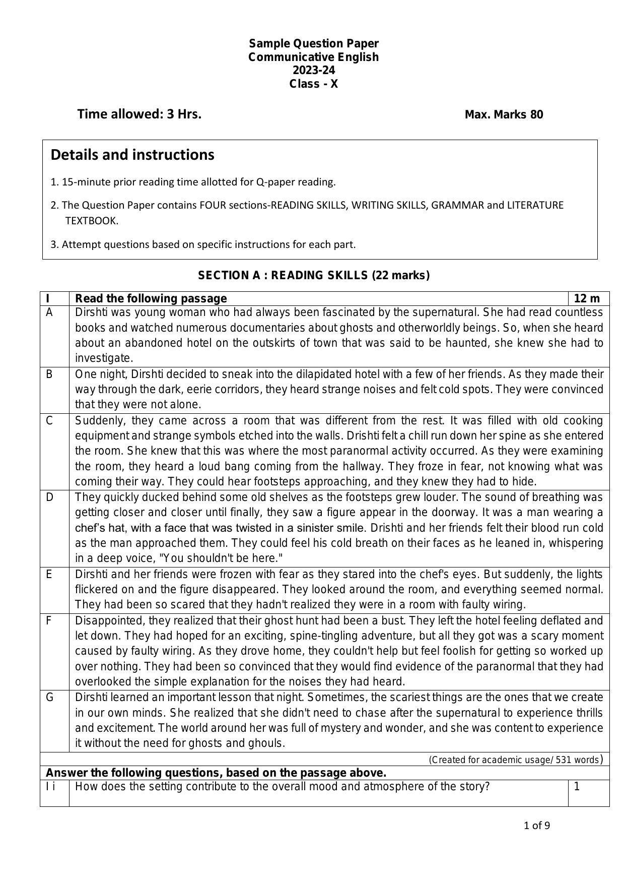 Class 10 deals english question paper