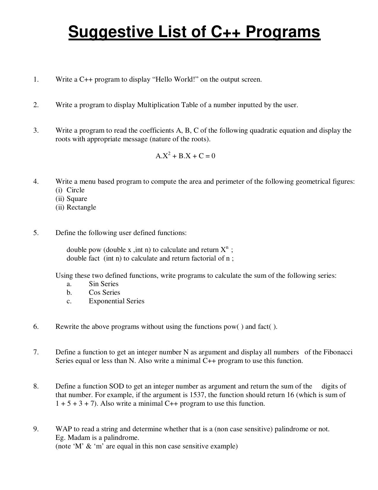CBSE Worksheets for Class 11 Computer Science List of C++ Programs Assignment - Page 1