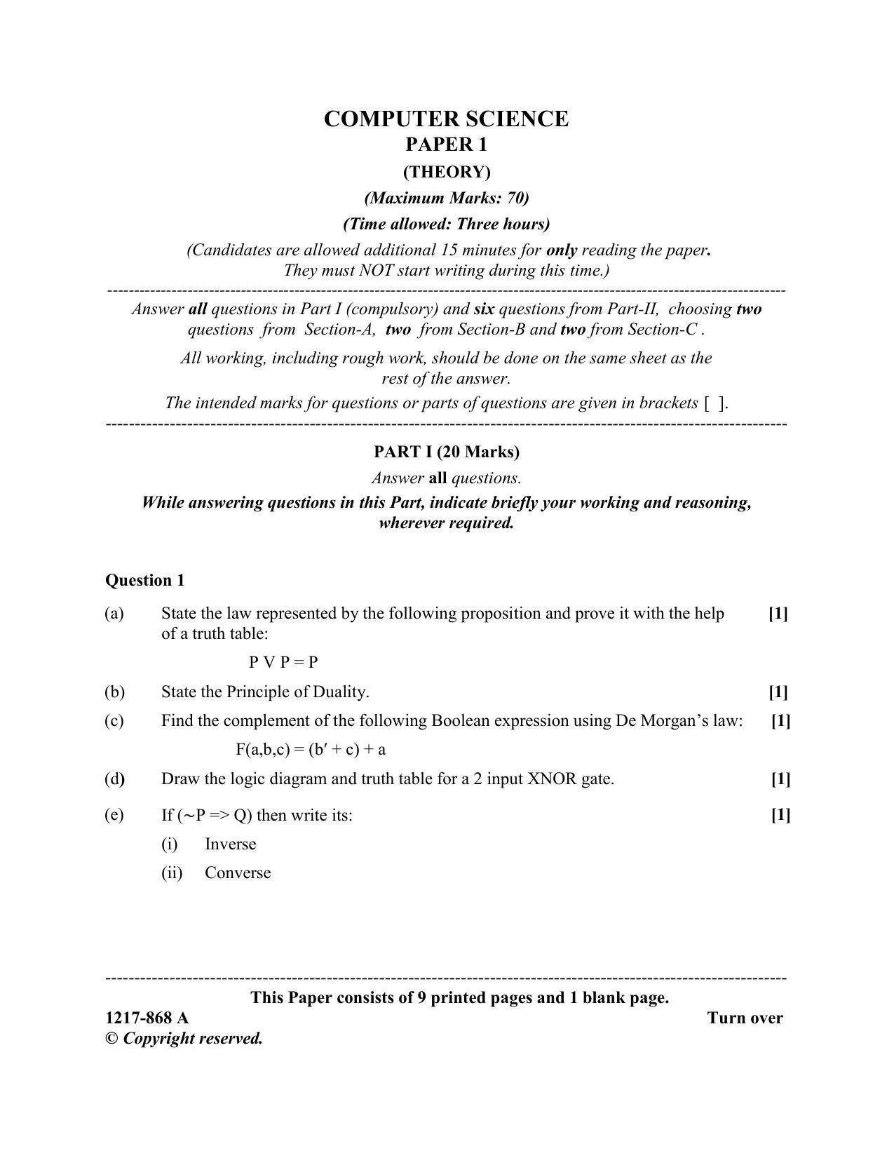 ISC Class 12 2017 COMPUTER SCIENCE PAPER 1 (THEORY) Question Paper ...