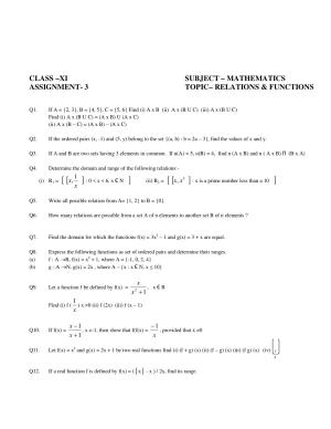 CBSE Worksheets for Class 11 Mathematics Relations and Functions Assignment