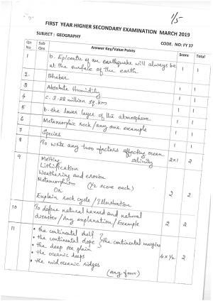 Kerala Plus One 2019 Geography. Answer Key