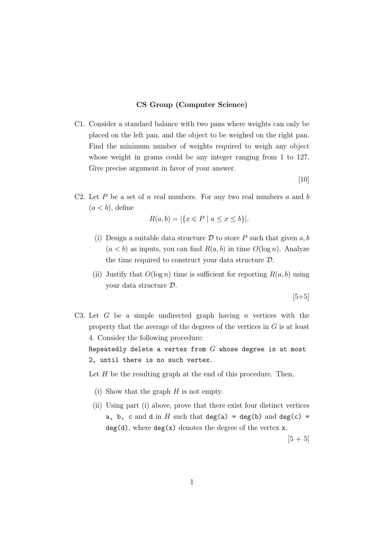 ISI Admission Test M.Tech (CS) PCB 2021 Sample Paper - IndCareer Docs