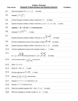 CBSE Worksheets for Class 11 Mathematics Complex Numbers and Quadratic Equation Assignment 1