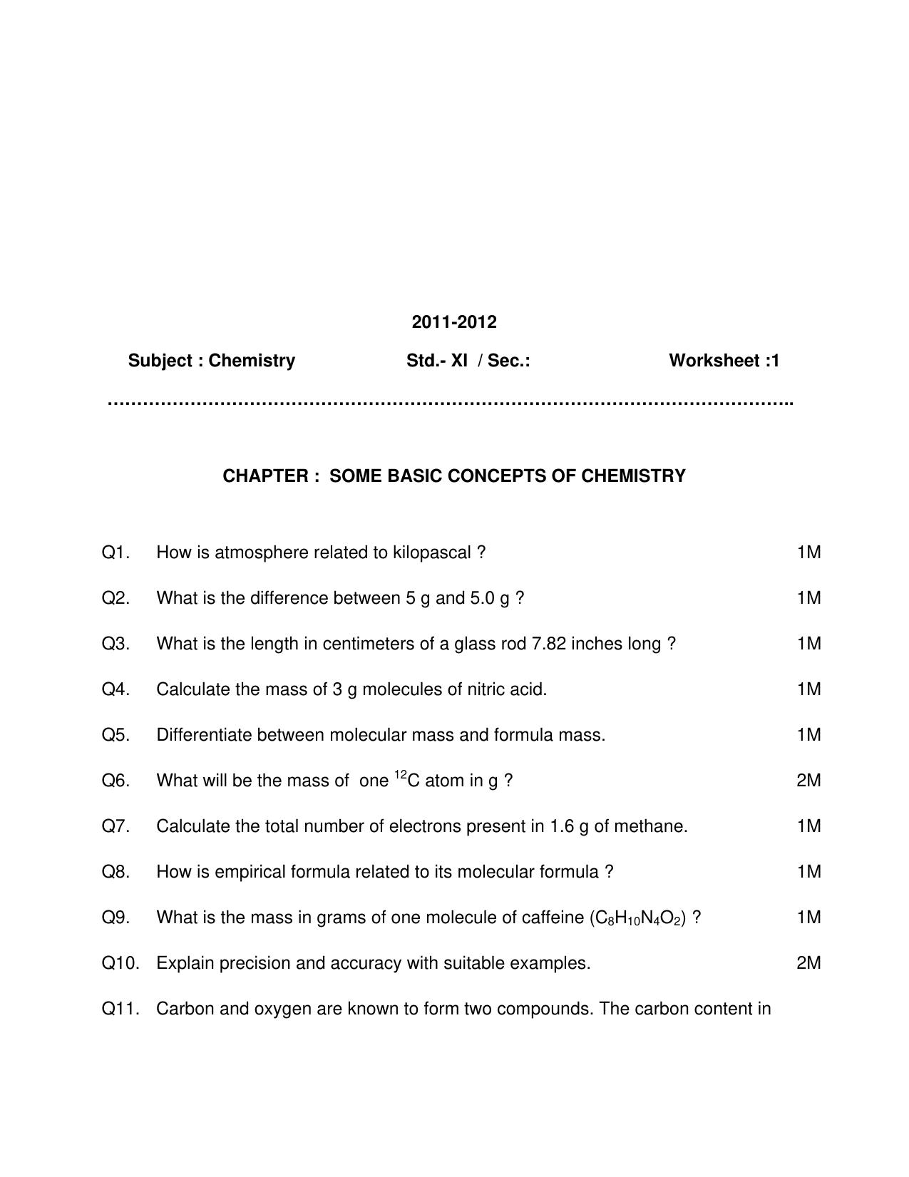 CBSE Worksheets for Class 11 Chemistry Some Basic Concepts Of Chemistry Assignment 4 - Page 1