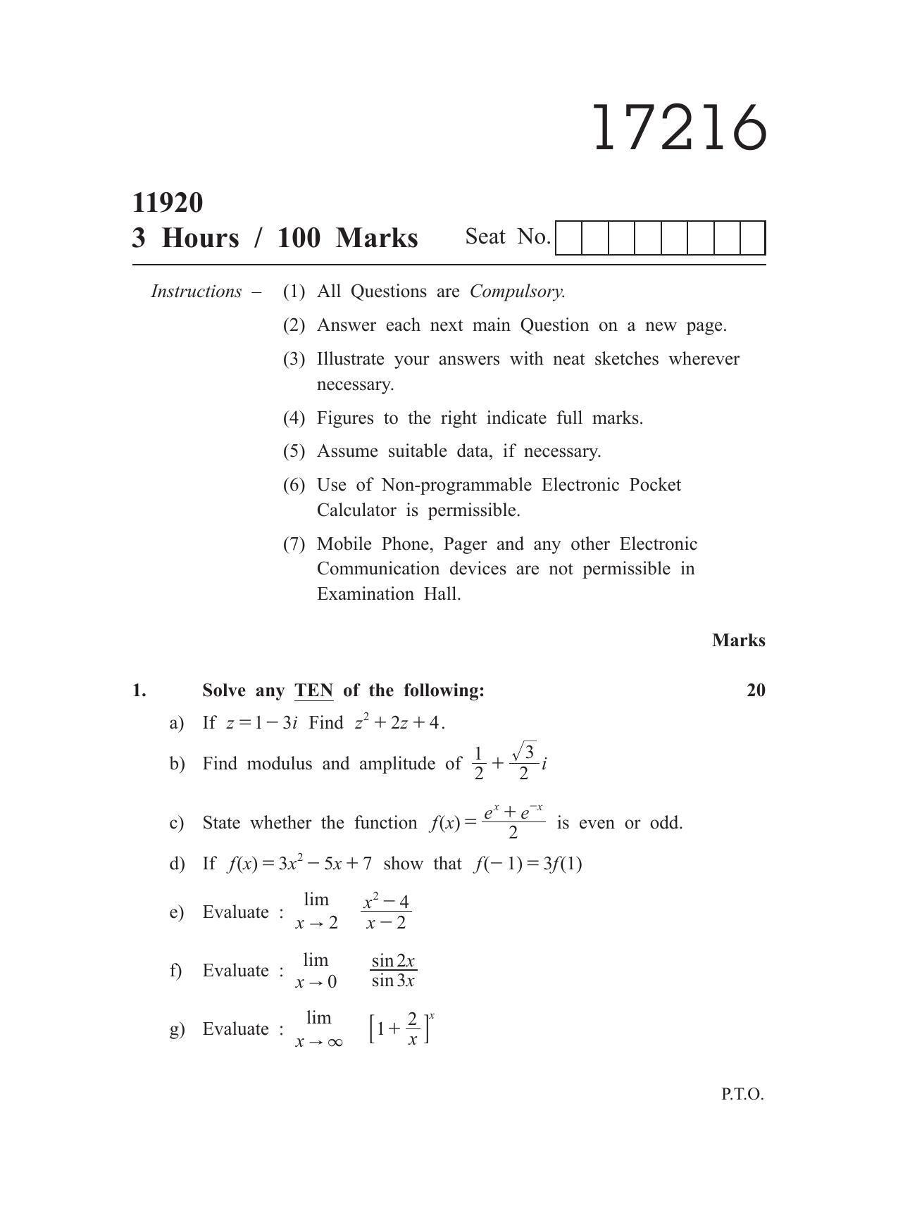 MSBTE Winter Question Paper 2019 - Engineering Mathematics - Page 1