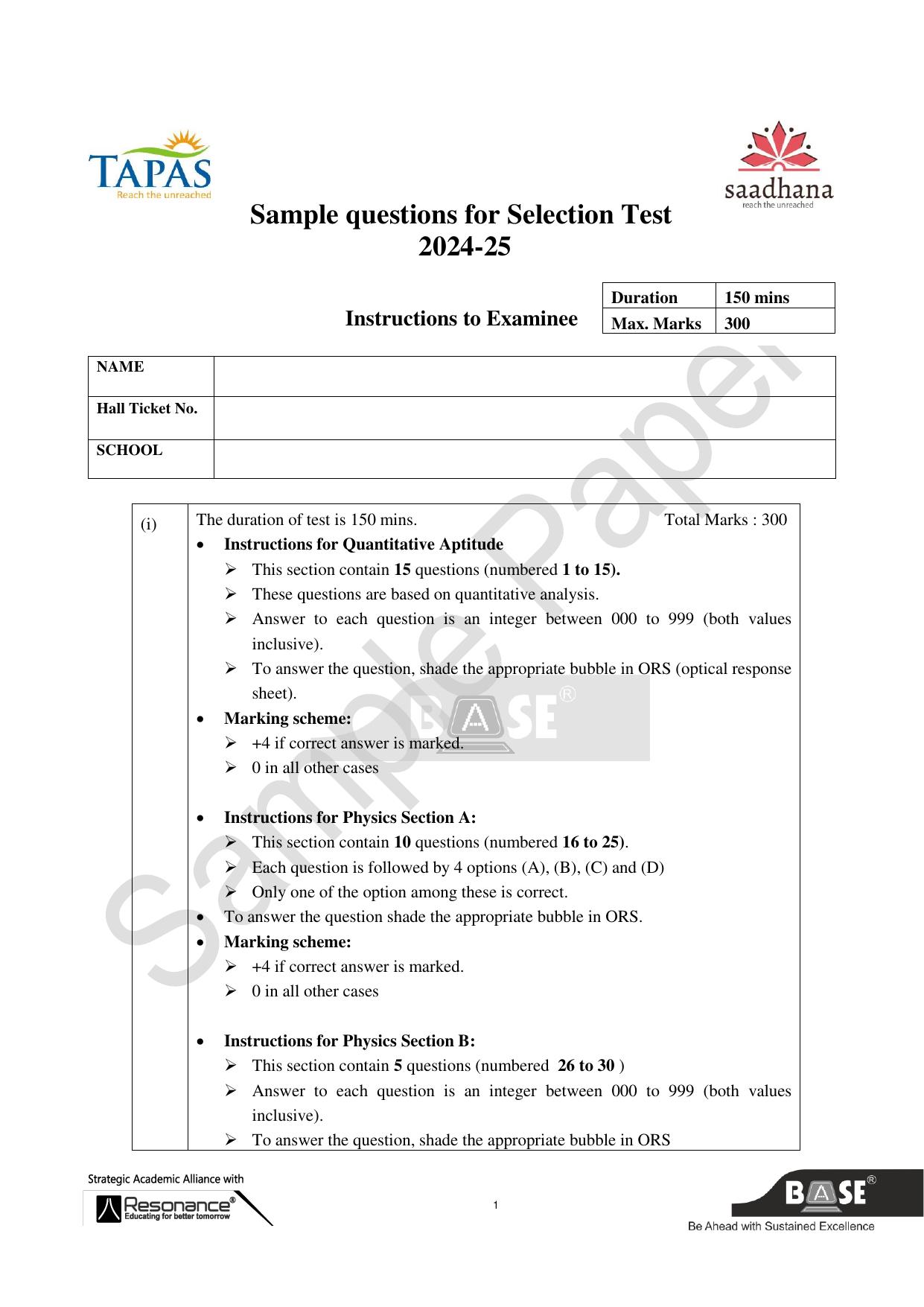 TAPAS Entrance Exam Sample Question Paper 2024-25 - IndCareer Docs