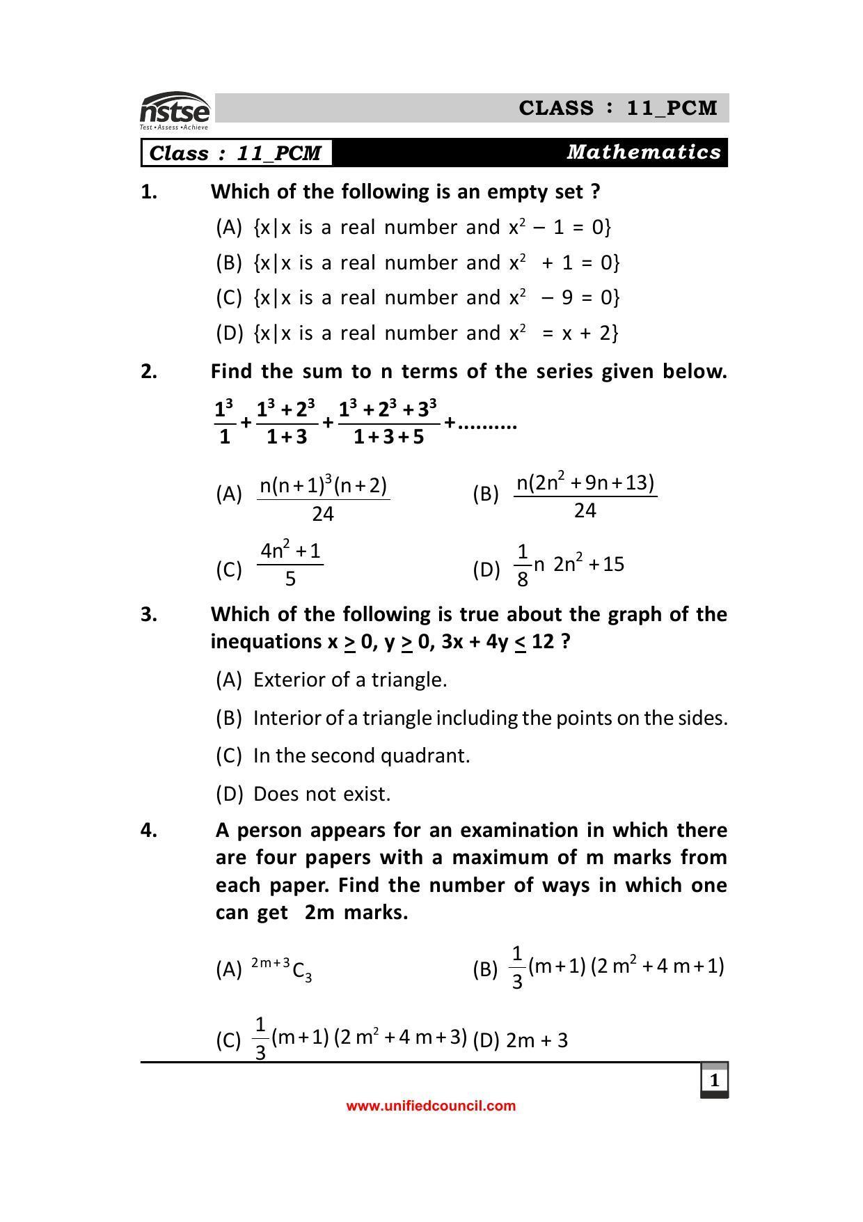 NSTSE Class 11 (PCM) Sample Papers - IndCareer Schools