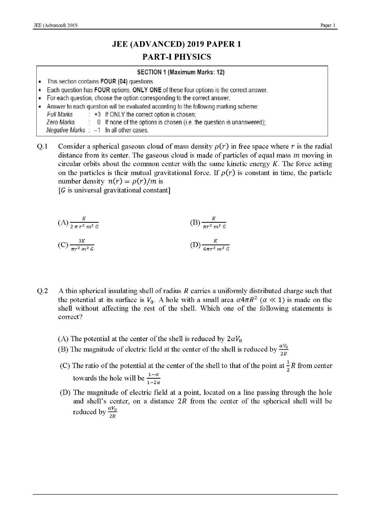 JEE (Advanced) 2019 Paper I - English Question Paper - Page 1