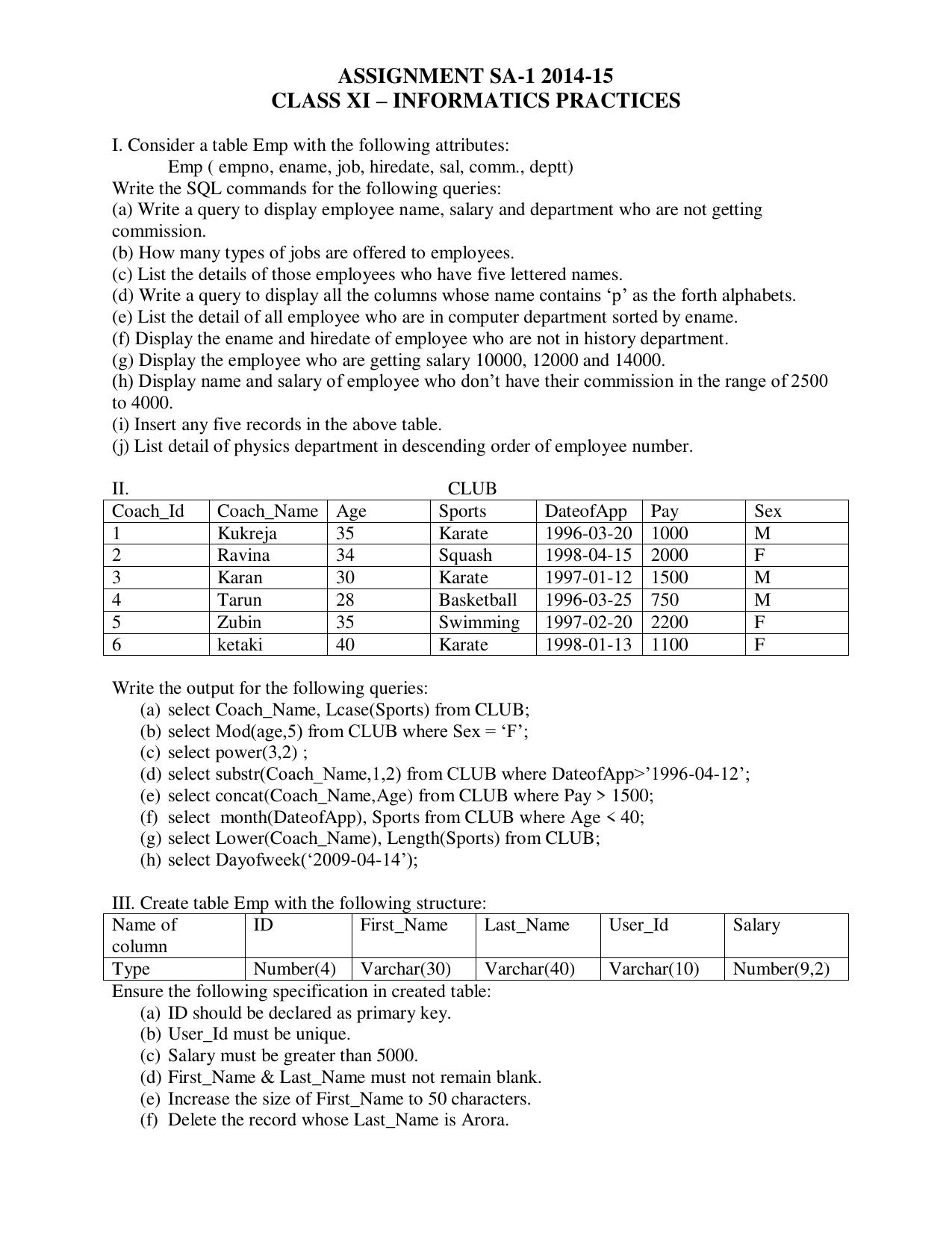 CBSE Worksheets for Class 11 Information Practices Assignment 3 - Page 1