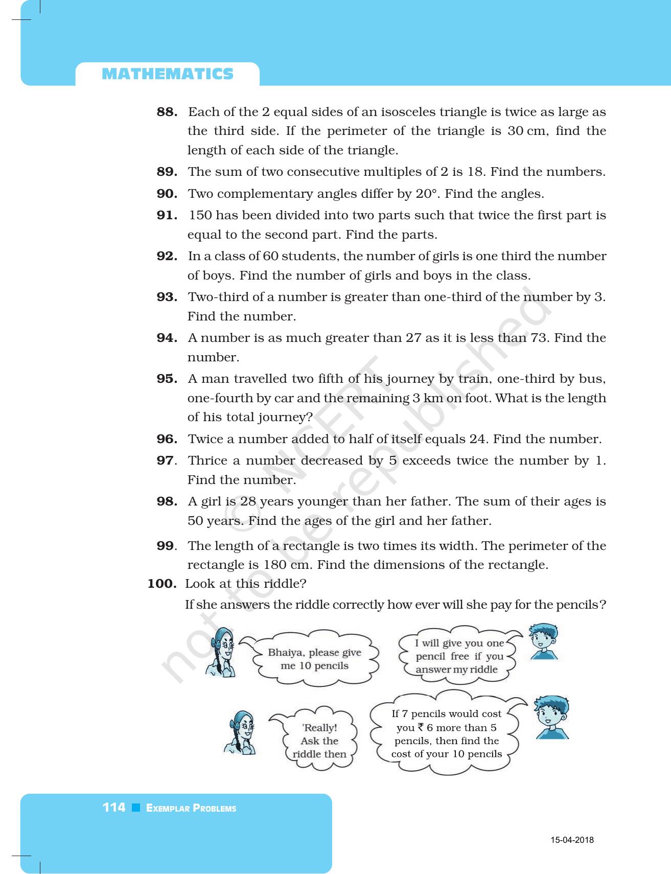 NCERT Exemplar Book For Class 7 Maths Chapter 4- Simple Equations