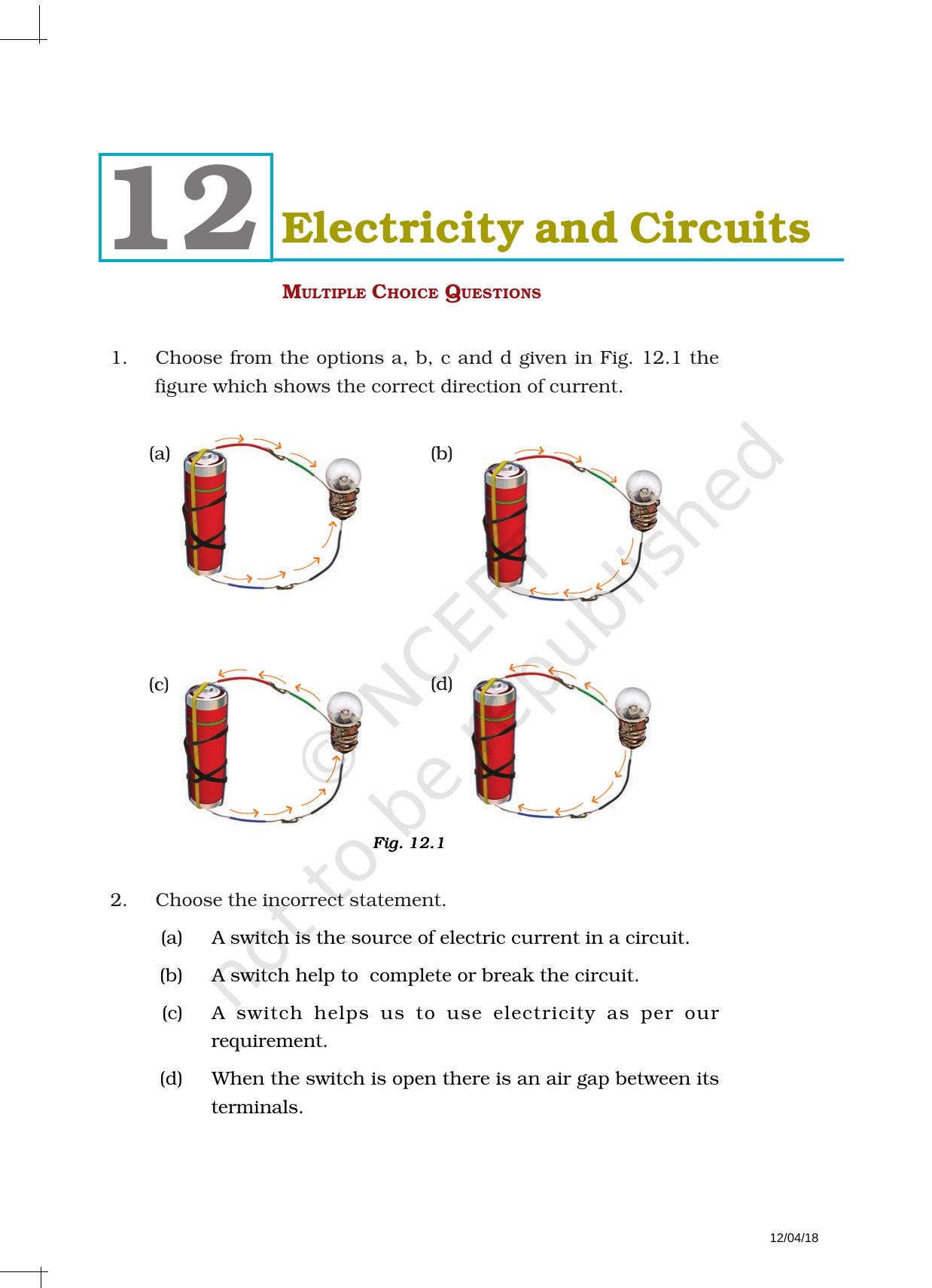 NCERT Exemplar Book For Class 6 Science Chapter 12-Electricity And Circuits