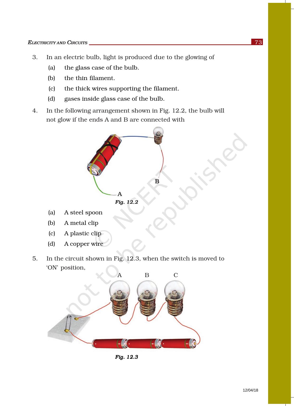 NCERT Exemplar Book For Class 6 Science Chapter 12-Electricity And Circuits