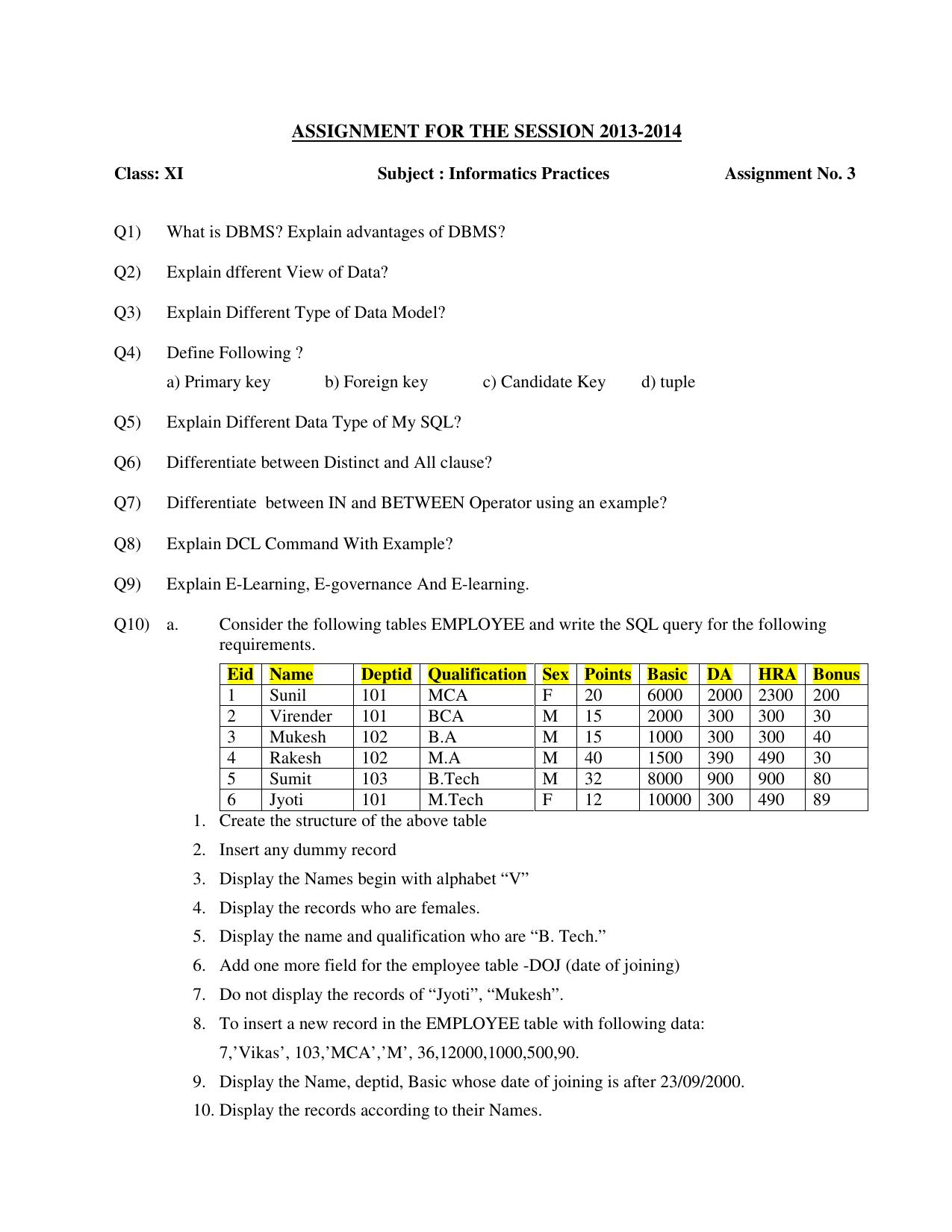 CBSE Worksheets for Class 11 Information Practices Assignment 6 - Page 1