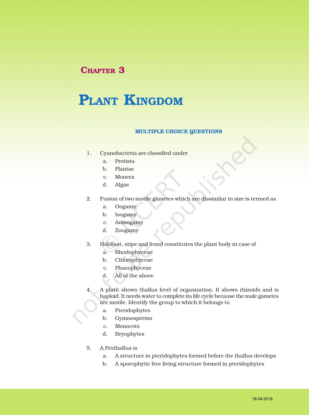 NCERT Exemplar Book For Class 11 Biology Chapter 3 Plant Kingdom