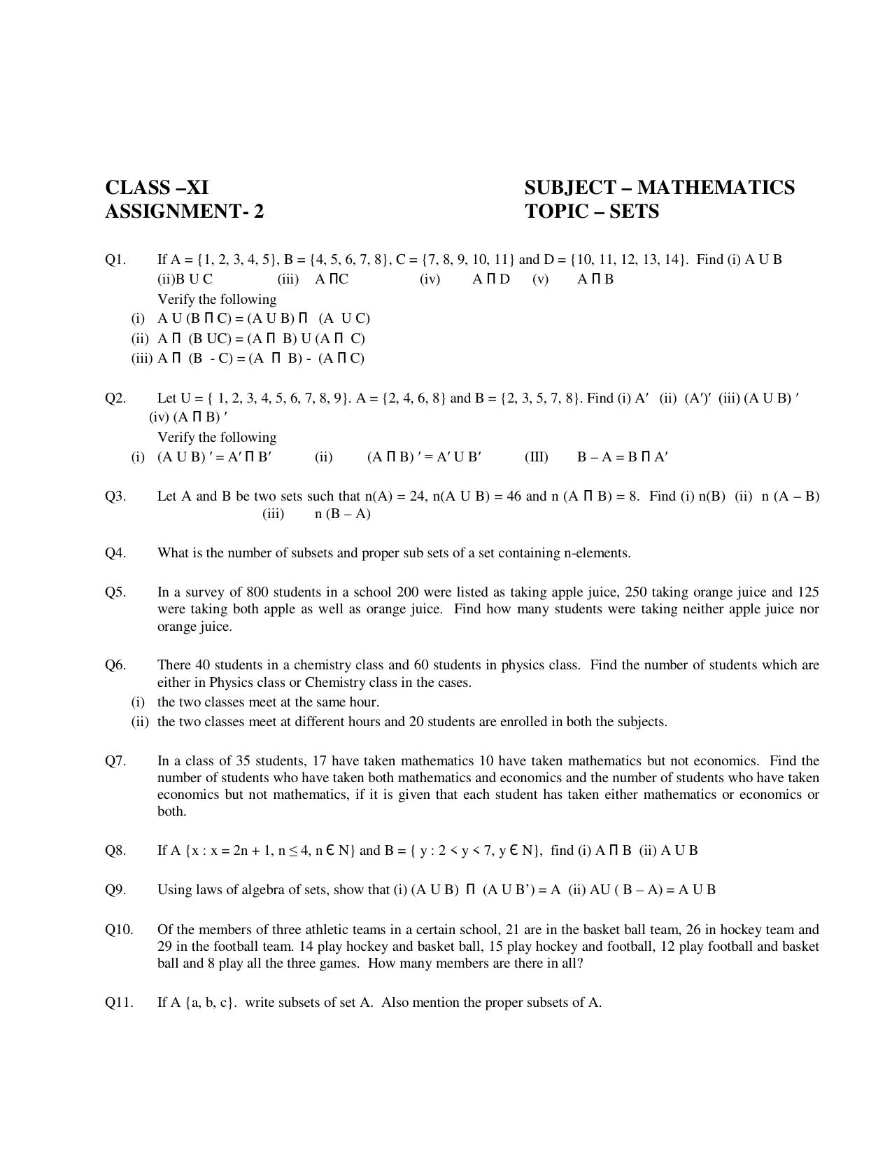 CBSE Worksheets for Class 11 Mathematics Set Theory Assignment 2 - Page 1