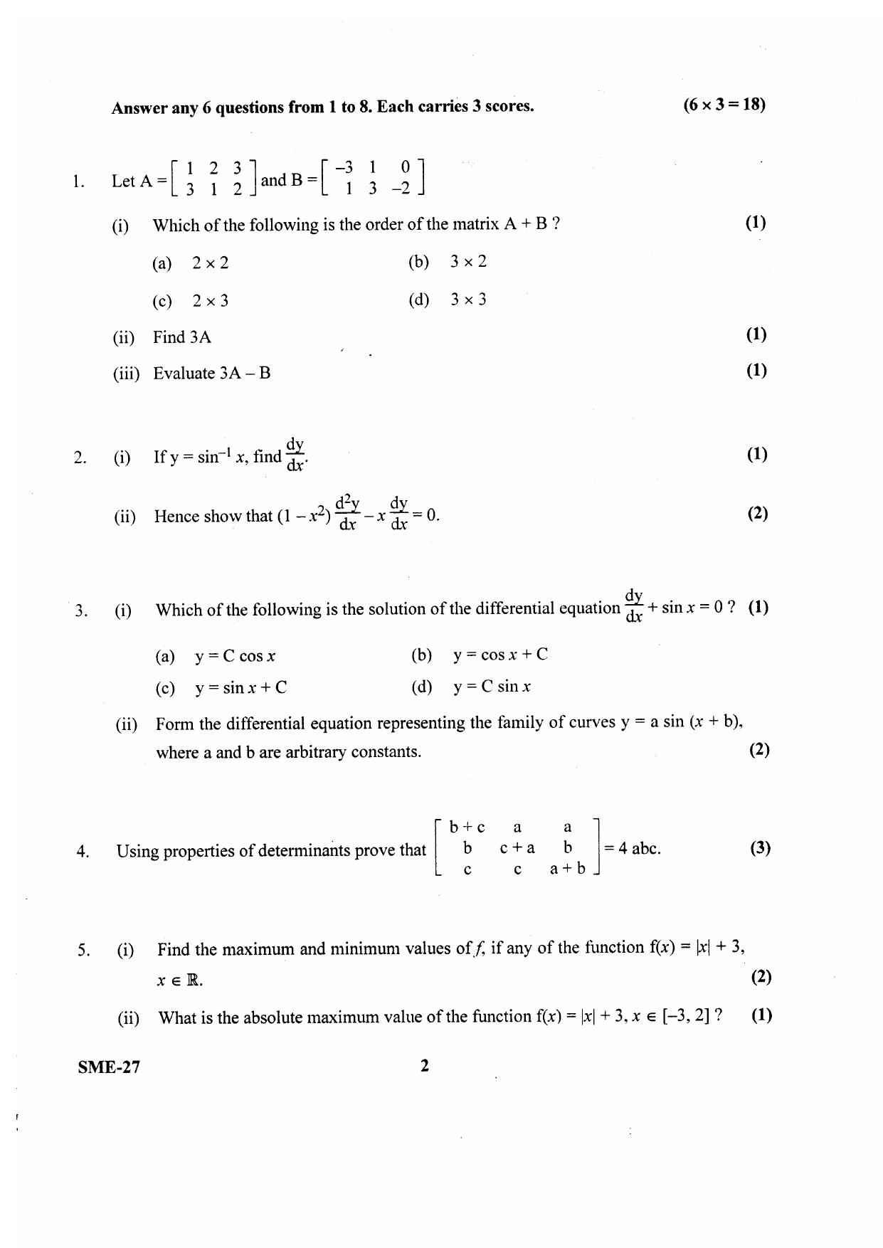 Kerala Plus Two 2020 Maths (Science) Model Question Paper                - Page 2