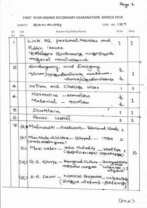 Kerala Plus One 2018 Sociology Answer Key