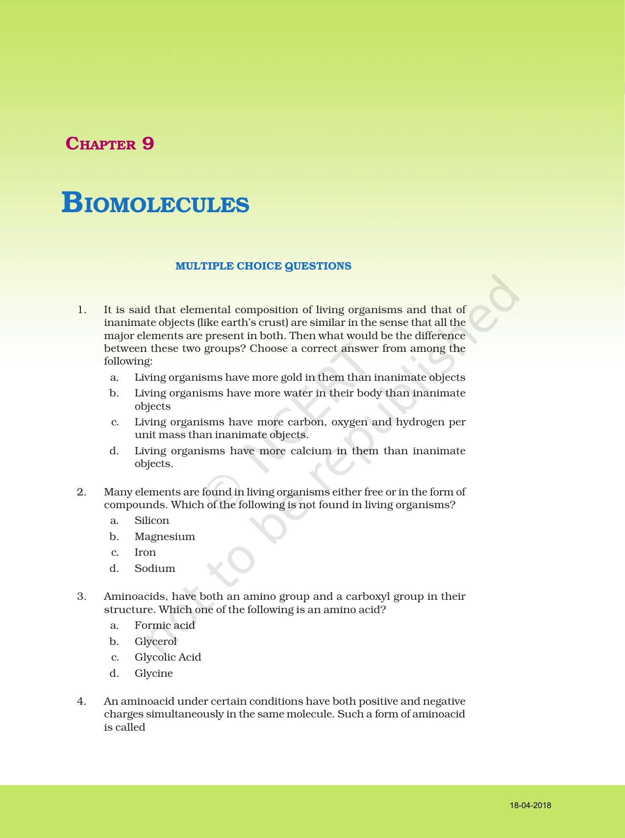 NCERT Exemplar Book For Class 11 Biology Chapter 9 Biomolecules