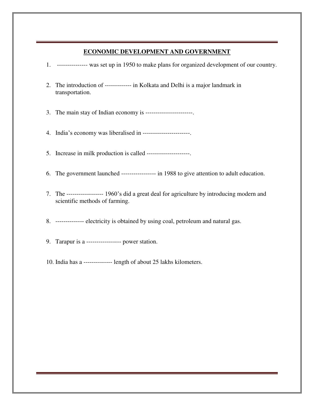 CBSE Worksheets for Class 8 Social Science Economic Development And Government Assignment - Page 1