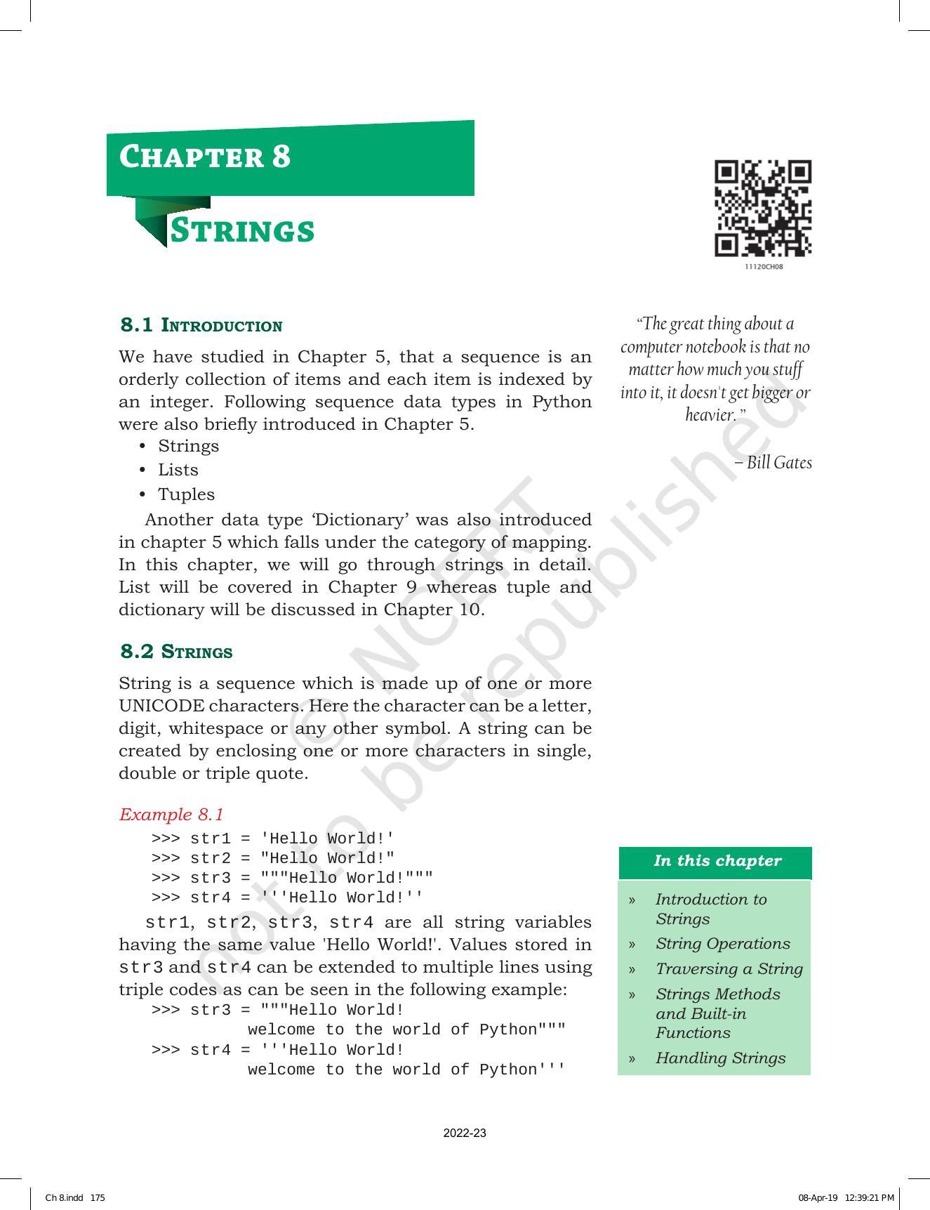 NCERT Book for Class 11 Computer Science Chapter 8 Strings - Page 1