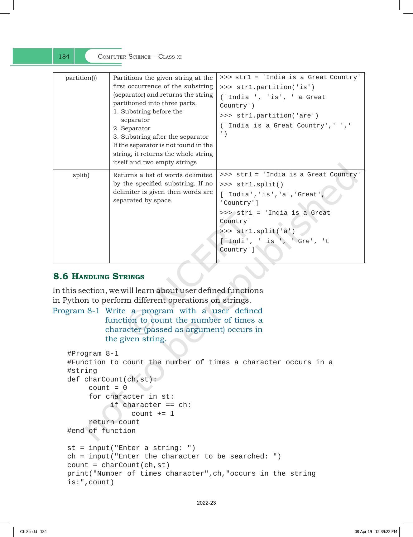 NCERT Book for Class 11 Computer Science Chapter 8 Strings - Page 10