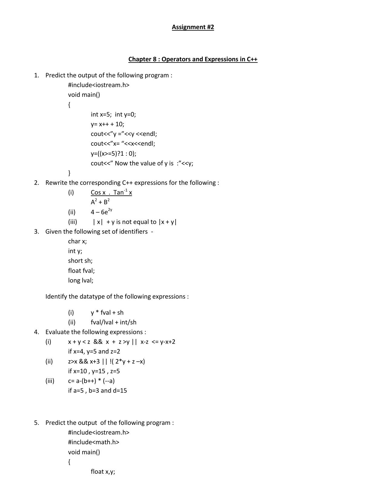 CBSE Worksheets for Class 11 Computer Science Operators and Expressions in C++ Assignment - Page 1