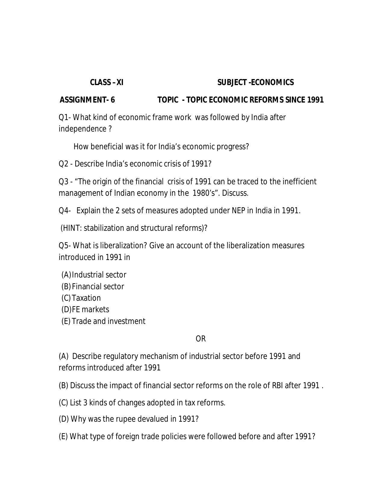 CBSE Worksheets for Class 11 Economics Assignment 6 - Page 1