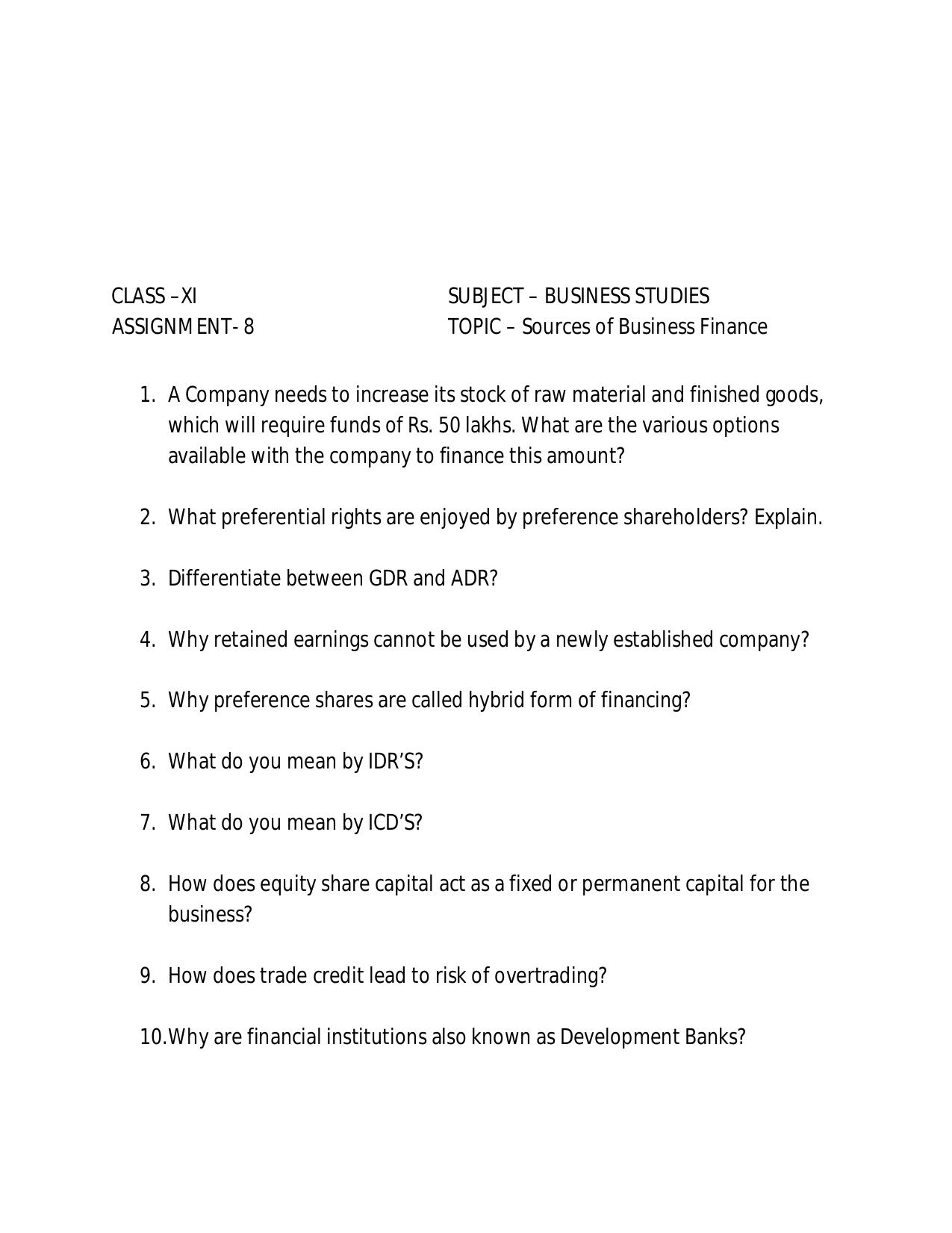 CBSE Worksheets for Class 11 Business Studies Assignment 16 - Page 1