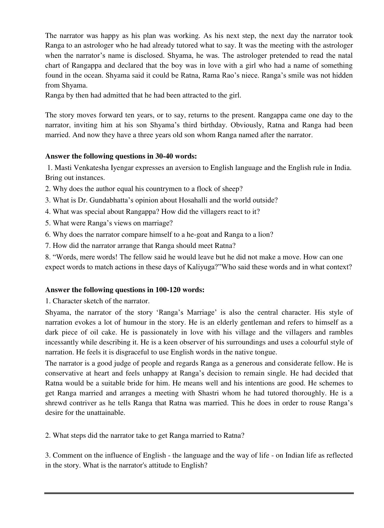 CBSE Worksheets for Class 11 English Rangas Marriage-Masti Venkatesha Iyengar Assignment - Page 2