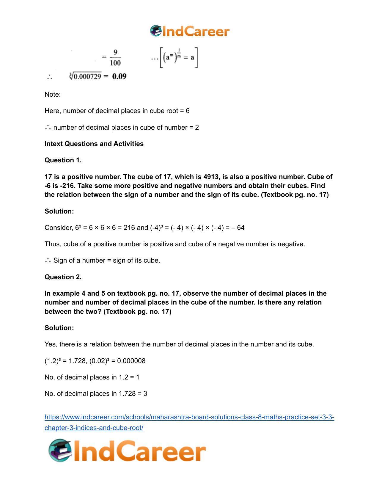 Maharashtra Board Solutions Class 8 Maths Practice Set 3 3 Chapter 3 Indices And Cube Root