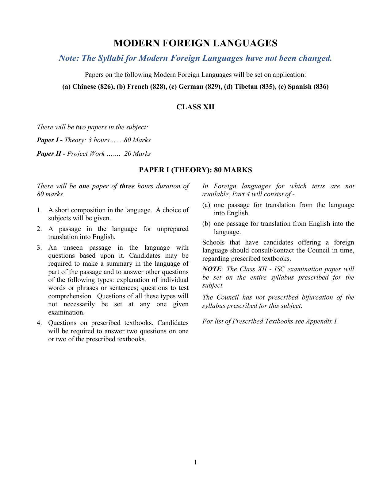 ISC Class 12 Modern Foreign Languages Syllabus - IndCareer Schools