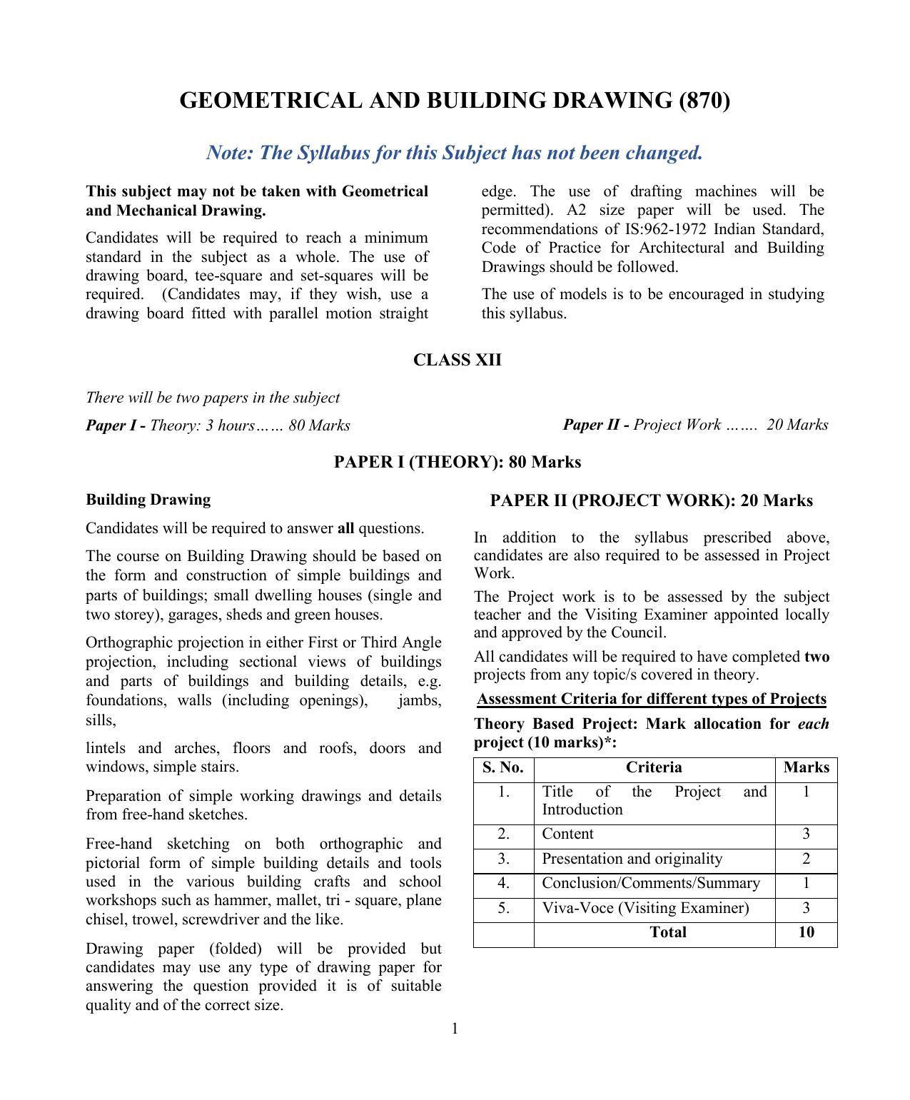 ISC Class 12 Geometrical And Building Drawing Syllabus - IndCareer Docs