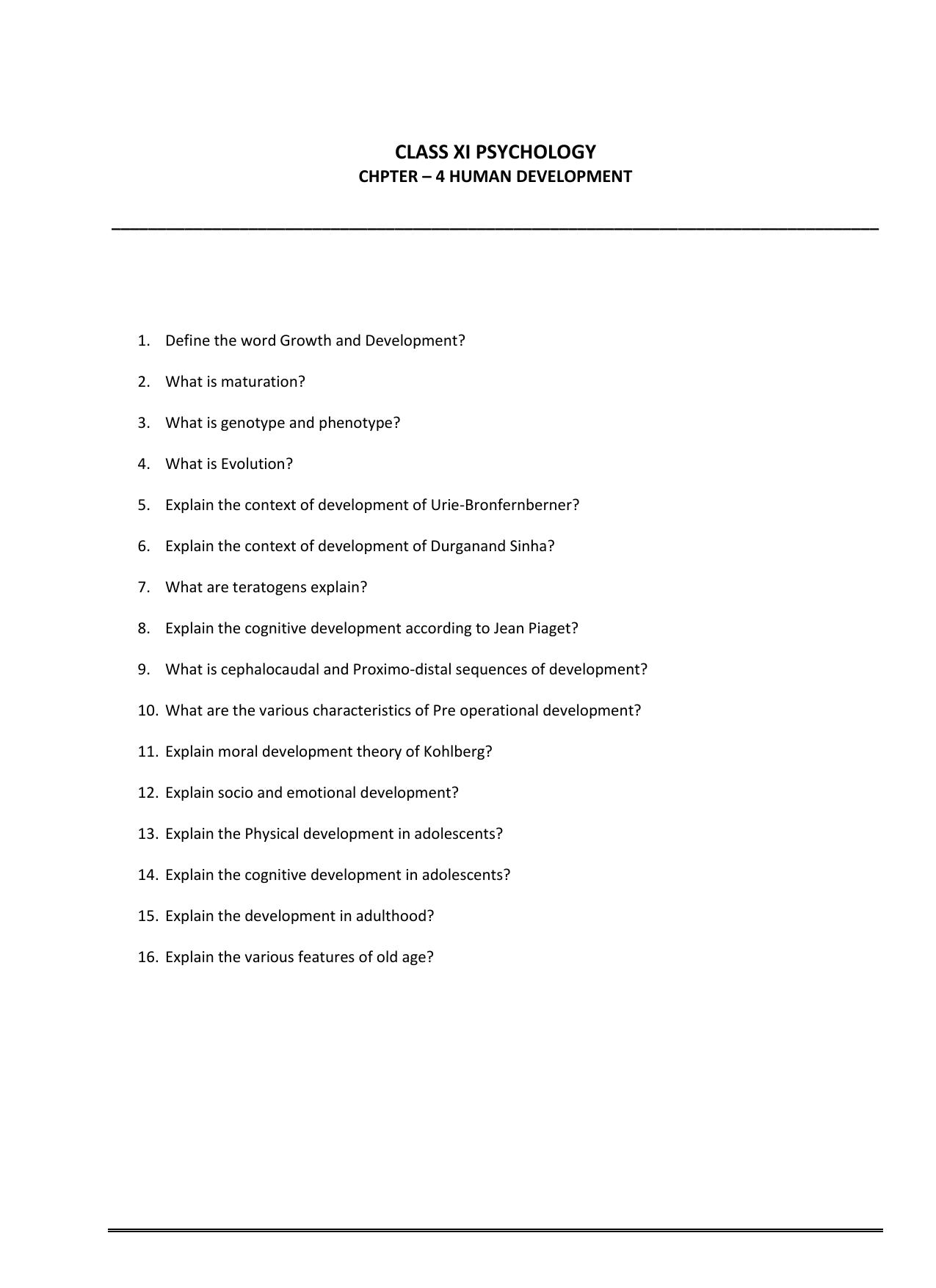 CBSE Worksheets for Class 11 Psychology Human Development Assignment 2 - Page 1