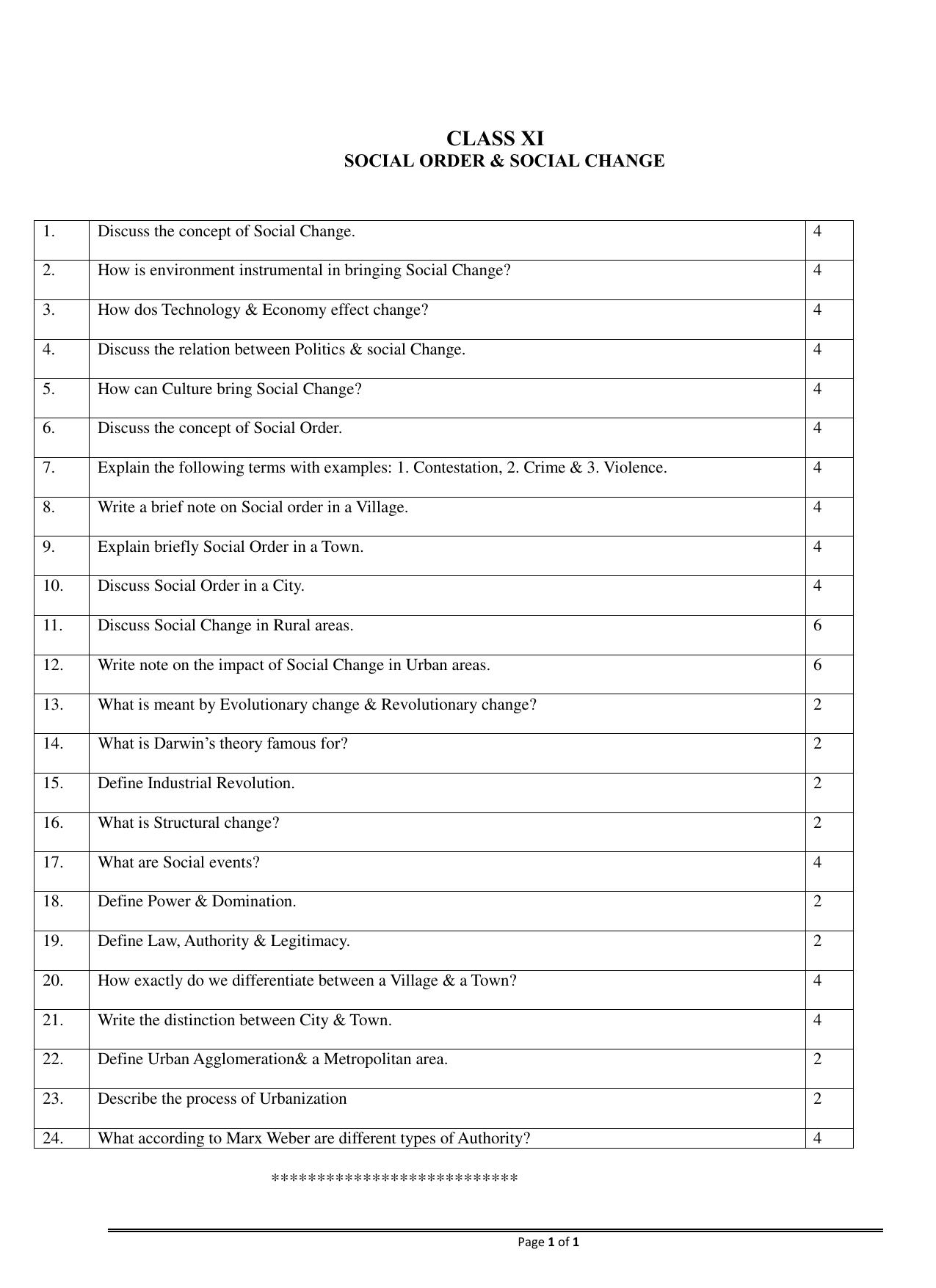 CBSE Worksheets for Class 11 Sociology Social Order and Social Change Assignment - Page 1