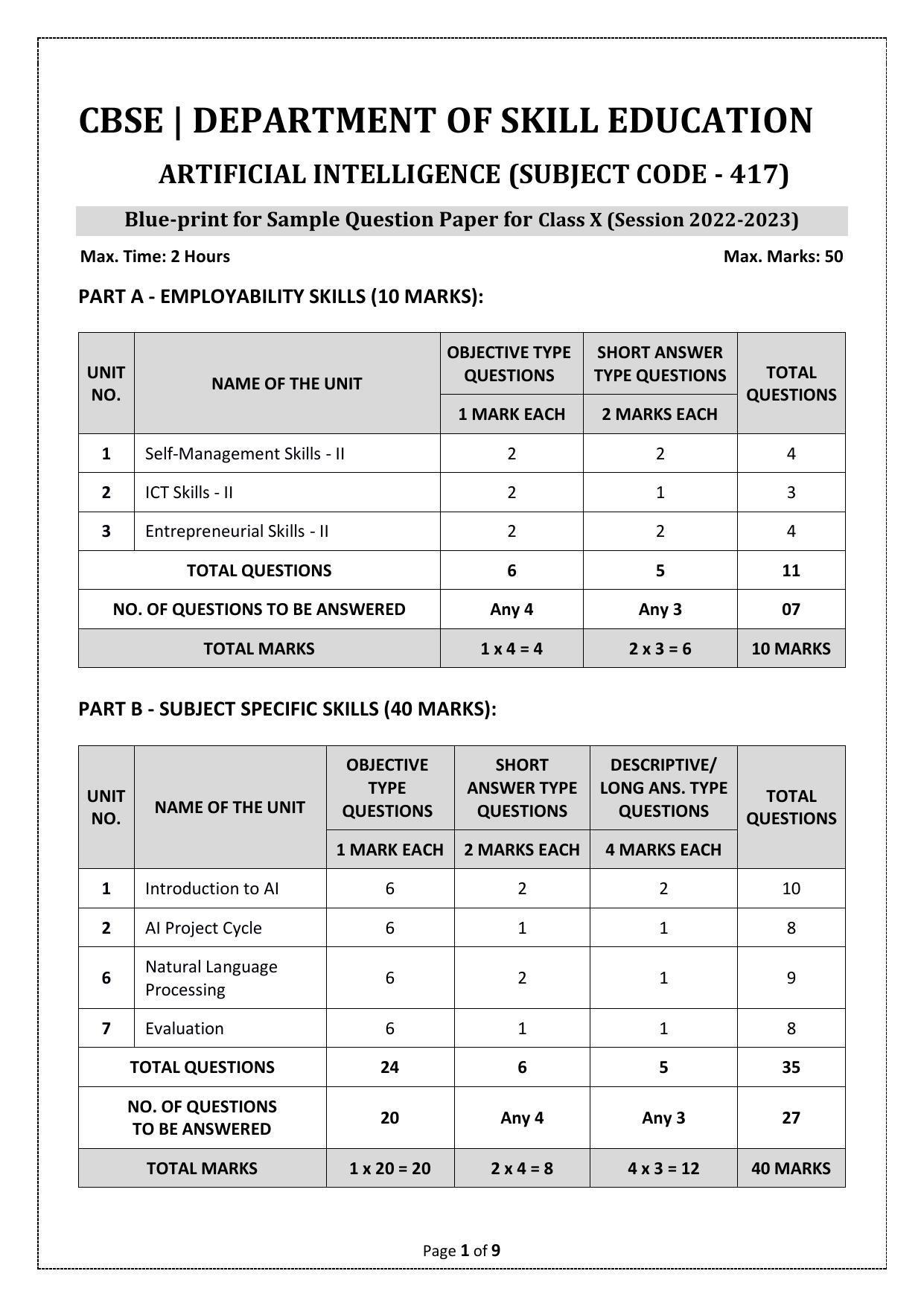 CBSE Class 10 Artificial Intelligence Sample Paper - IndCareer Schools