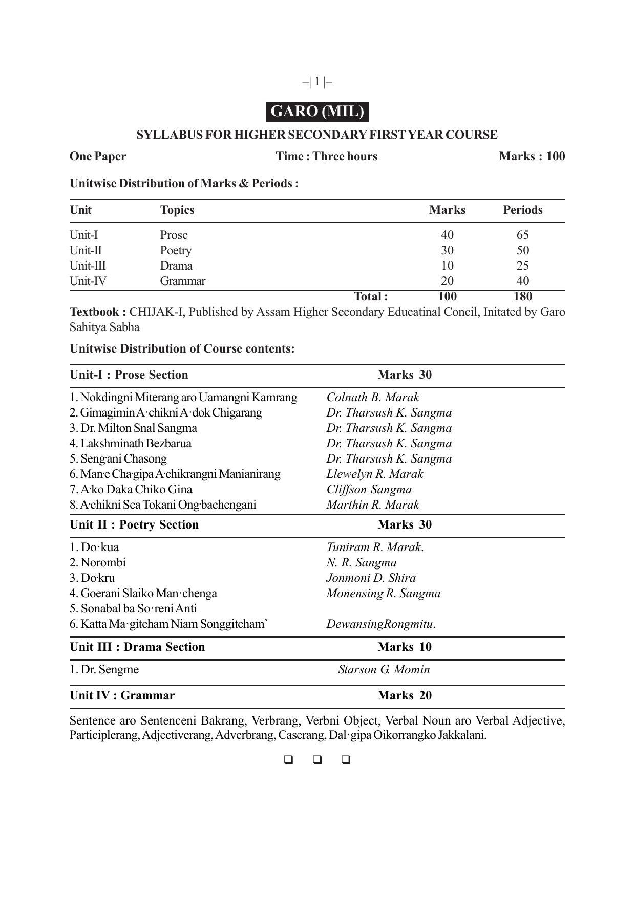AHSEC 1st Year Garo-MIL Syllabus - Page 1